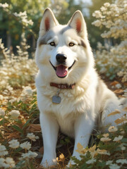 Obraz premium Laughing Dog.Siberian Husky Portrait : Close-Up.Elegant,Husky Illustration,Animal Drawing,Dog Sketch,Artistic illustration,White and Grey Fur.Fluffy Canine Illustration,Adorable Art.generated by AI