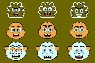 Vector cartoon sticker on character faces, abstract mascot funny sticker and badges