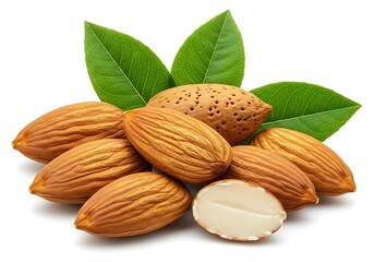 A close up shot of a pile of almonds with green leaves on a white surface in a studio setting