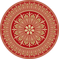 Vector gold with red classic Greek round ornament. Circle of Ancient Greece and the Roman Empire. Byzantine painting of walls, floors and ceilings. Decoration of European palaces