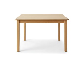 Fototapeta premium A light brown wooden square table with four legs isolated on a white background in a studio shot
