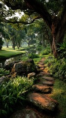 Sunlit Pathway Through Lush Garden