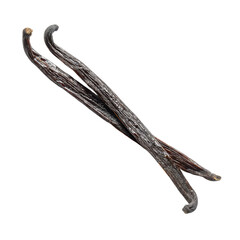 Two vanilla bean pods are isolated pure transparency background, showcasing their rich, textured surface and natural brown color. These aromatic pods are commonly used cooking and baking for their