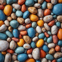 Top view of a collection of colorful pebbles in various shapes and sizes, arranged closely together to form a vibrant, textured natural pattern.


