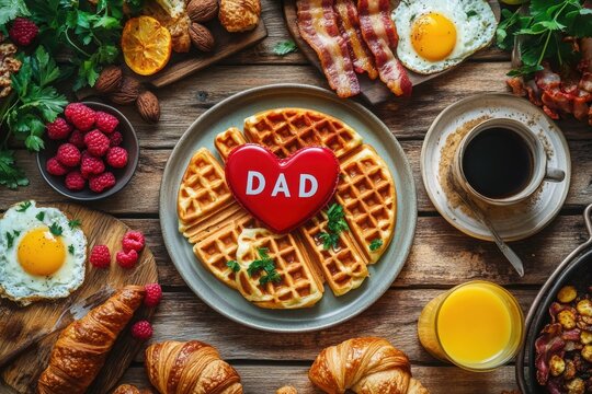 Father's day breakfast waffles and bacon brunch with coffee and juice on rustic wood table top view