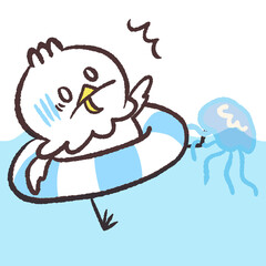 クラゲに刺される白い鳥