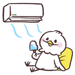 エアコンで涼む白い鳥のイラスト © おひさまストック