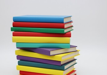 A stack of colorful hardcover books is shown against a plain white background in a close up shot