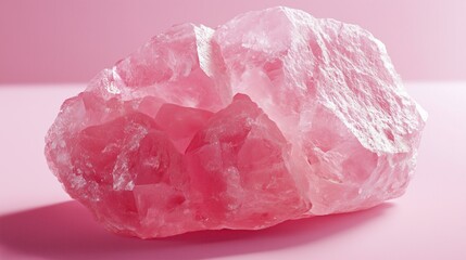 Raw Rose Quartz Crystal on Soft Pastel Pink Background