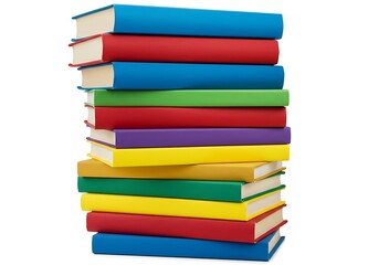 A stack of colorful books arranged neatly on top of each other against a white background space