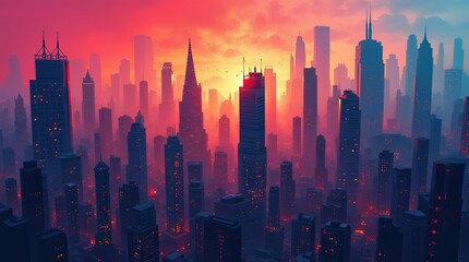 Obraz premium Whimsical abstract cityscape with distorted, dancing skyscrapers and geometric buildings in vibrant twilight colors, evoking urban energy and movement.