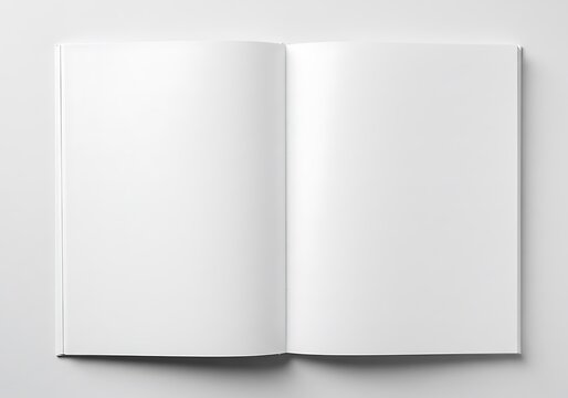 An open blank book lying flat with two empty white pages ready for writing or drawing on a white background