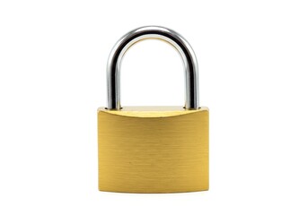 Naklejka premium A close up shot of a new brass padlock with a silver shackle on a clean white background in studio light