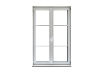 A centered view of a white framed window with six panes against a white background in a studio shot