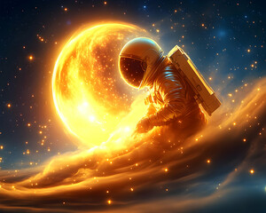 Astronaut in golden space cloud