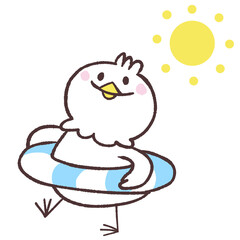 太陽を見上げる浮き輪姿の白い鳥のイラスト