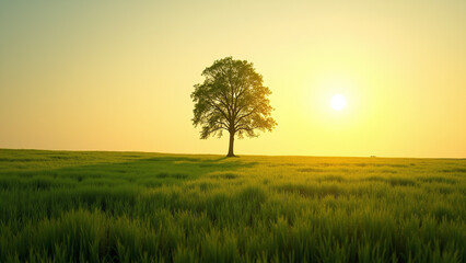 Fototapeta premium Single Tree in Grassy Field at Sunset
