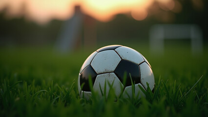 Fototapeta premium Soccer Ball on Grass Field with Goal and Sunset