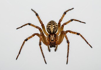 Close up of a spider with eight legs and a patterned abdomen on a white background looking forward