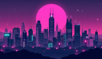 Obraz premium Flat 2D Black City Skyline with Neon Signs and Purple Gradient Sky — Futuristic Urban Digital Art