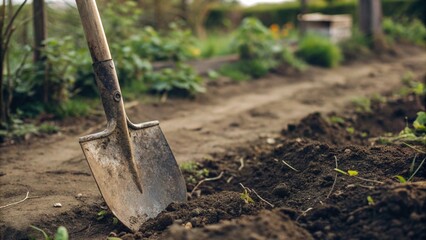 Rusty Garden Shovel Tip Piercing Compacted Dirt with Textured Handle Visible