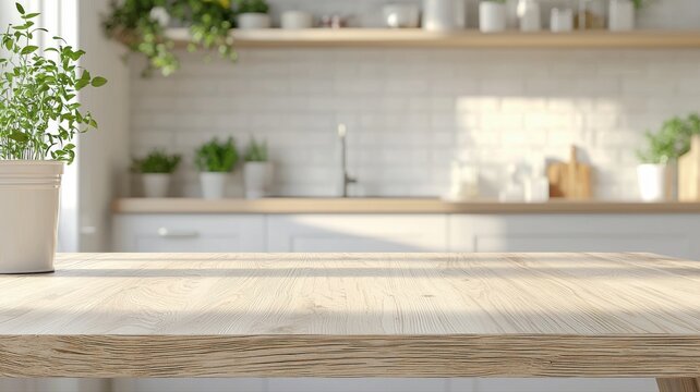 Sunlit Kitchen Countertop with Potted Plant kitchen countertop wood surface sunlight plant indoor