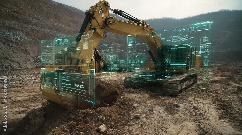 Poster high-tech excavator interface with real-time data visualization