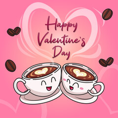 Valentines Day Greeting Illustration with Cute Coffee Cup Character and Heart-shaped Smoke. Latte Art in the Coffee and Coffee Beans Spread Around. Pink Gradient Background with Simple Heart Shapes