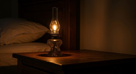 A Vintage Glass Oil Lamp Illuminating a Wooden Nightstand in a Dimly Lit Bedroom Setting with Soft Pillow Background