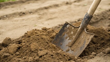 Weathered Steel Shovel Blade Half Buried in Freshly Turned Garden Soil Close Up
