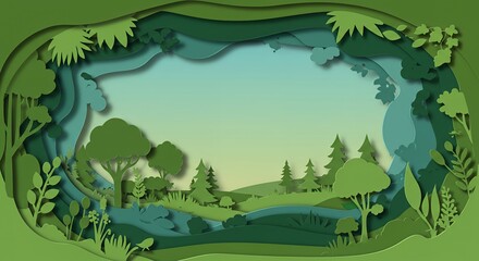 Obraz premium Paper Cut Art Green Nature Landscape Eco Friendly Environment Illustration for Sustainable Living Ecology and Earth Day Designs