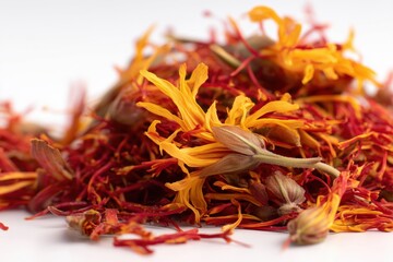 Close up of Red and Orange Saffron Threads on White Background