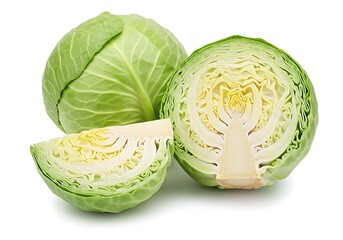 A close up of whole and sliced green cabbages on a white background in a studio setting view