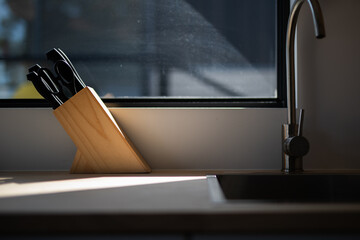 carving knife block kitchen bench home tap sink