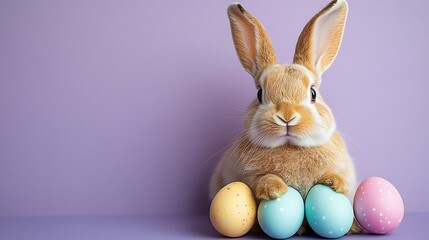 Adorable bunny with pastel Easter eggs
