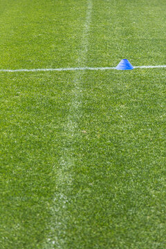 Blue cone, green grass and white lines on a sporting field