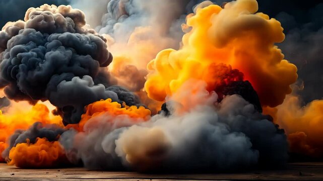 Dramatic smoke and fire clouds billow and swirl, creating a mesmerizing abstract spectacle.