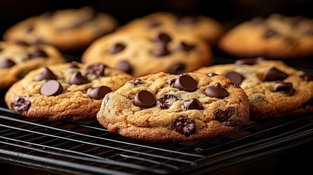 Freshly baked chocolate chip cookies cooling on a wire rack.  A close-up view reveals soft, golden brown cookies studded with dark chocolate chips