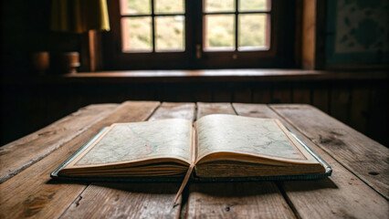 Open map book rests rustic wooden table, illuminated by natural light from nearby window, evoking sense of adventure