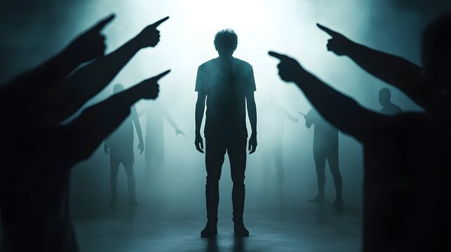 A person standing amidst accusing shadowy figures.