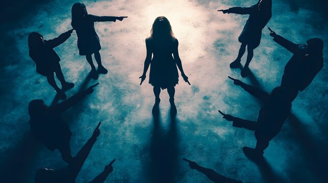 Silhouette figures surrounding a central person, accusingly pointing.