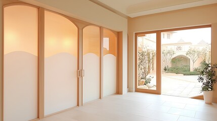 Bright Beige Modern Room Interior with Sliding Doors and Garden View