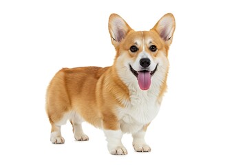 A happy corgi dog with its tongue out standing on a white background looking at the camera smiling
