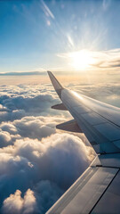 Obraz premium Stunning view of airplane wing above fluffy clouds, illuminated by warm glow of sun, evokes sense of adventure and freedom