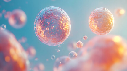 Naklejka premium Microscopic cellular world abstract scientific visualization of cells floating in a fluid medium medical research biology and microbiology concept