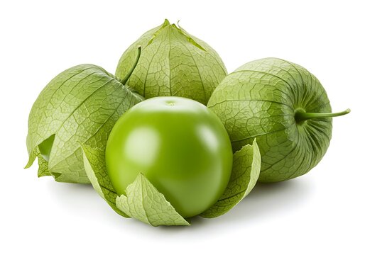 A group of tomatillos with husks on a white background showing their vibrant green color and texture