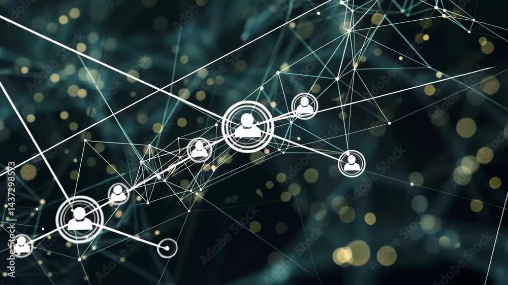 Poster exploring a complex digital network system with intricate interconnections and data flow in a virtua