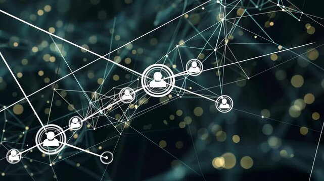 Exploring a complex digital network system with intricate interconnections and data flow in a virtual landscape during nighttime