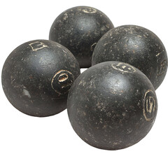 Four dark gray spheres clustered against black background