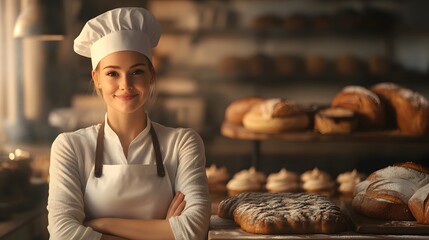 Smiling baker in a bakery, showcasing baked goods.